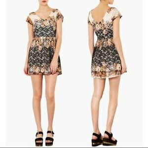 Topshop Black Brown Double V Floral Lace Woman's Mini Skater Dress